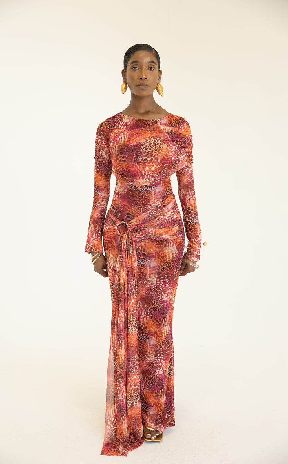Jada Long Sleeve Asymmetrical Drape Maxi Mesh Dress XS