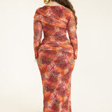 Jada Long Sleeve Asymmetrical Drape Maxi Mesh Dress
