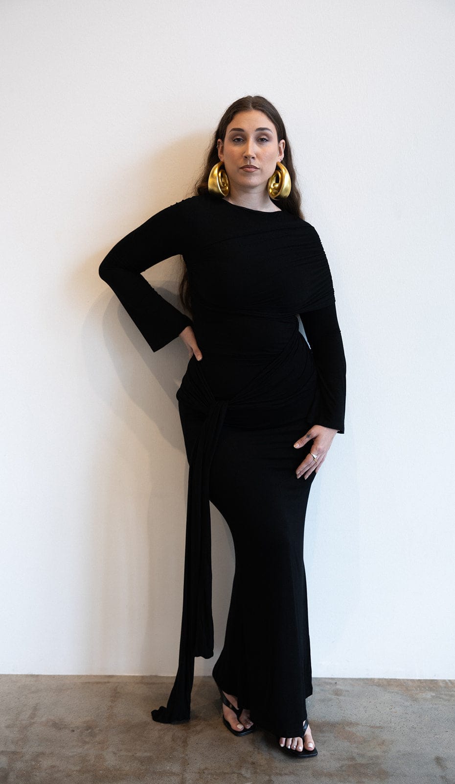 Tala Long Sleeve Asymmetrical Drape Maxi Dress in Black S Tala Long Sleeve Asymmetrical Drape Maxi Dress in Black S