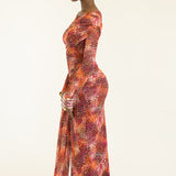 Jada Long Sleeve Asymmetrical Drape Maxi Mesh Dress