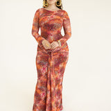 Jada Long Sleeve Asymmetrical Drape Maxi Mesh Dress