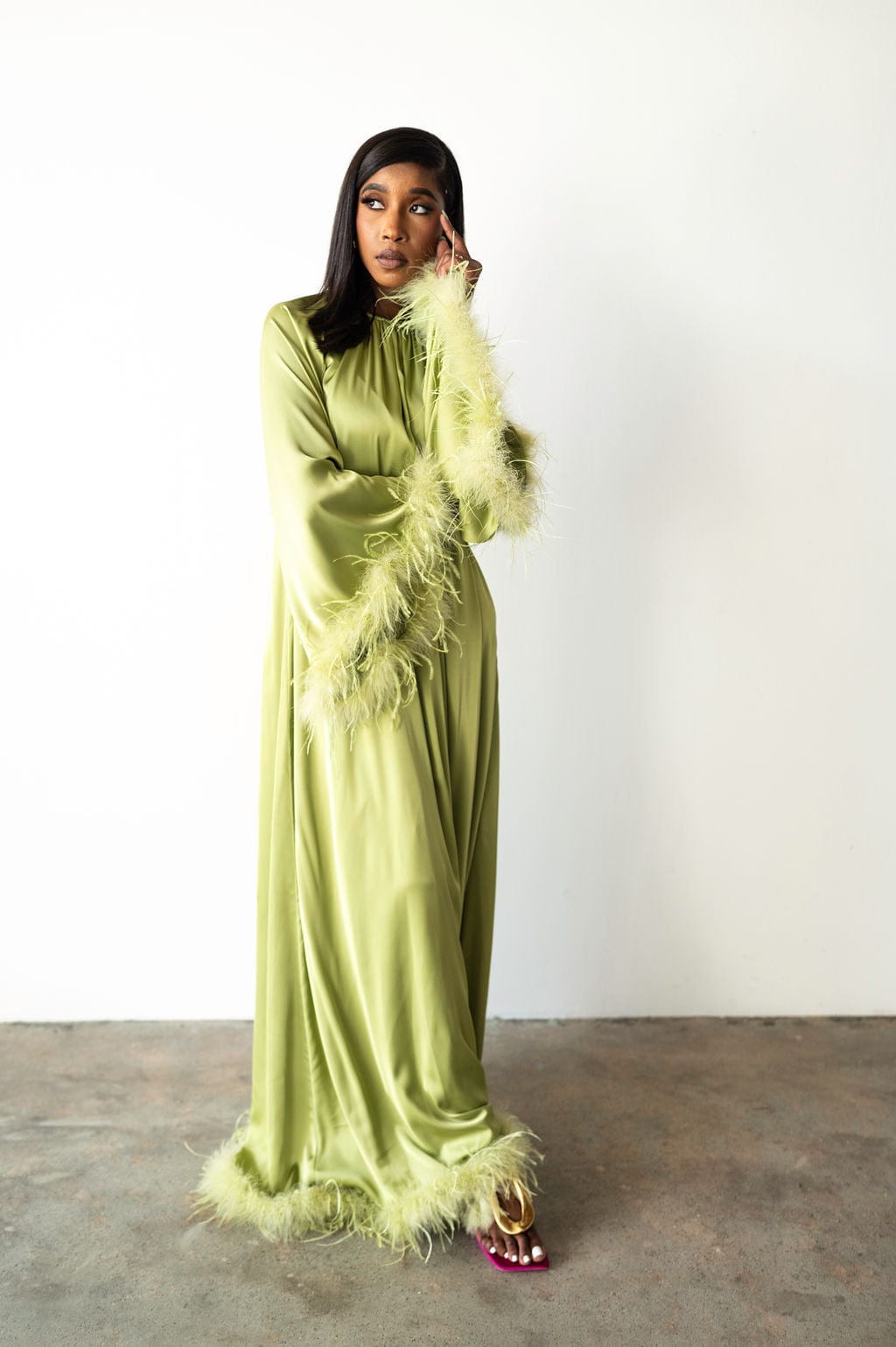 Layla Feather Sleeve Maxi Dress in Sage Apple Green M/L / Light Green Layla Feather Sleeve Maxi Dress in Sage Apple Green M/L / Light Green