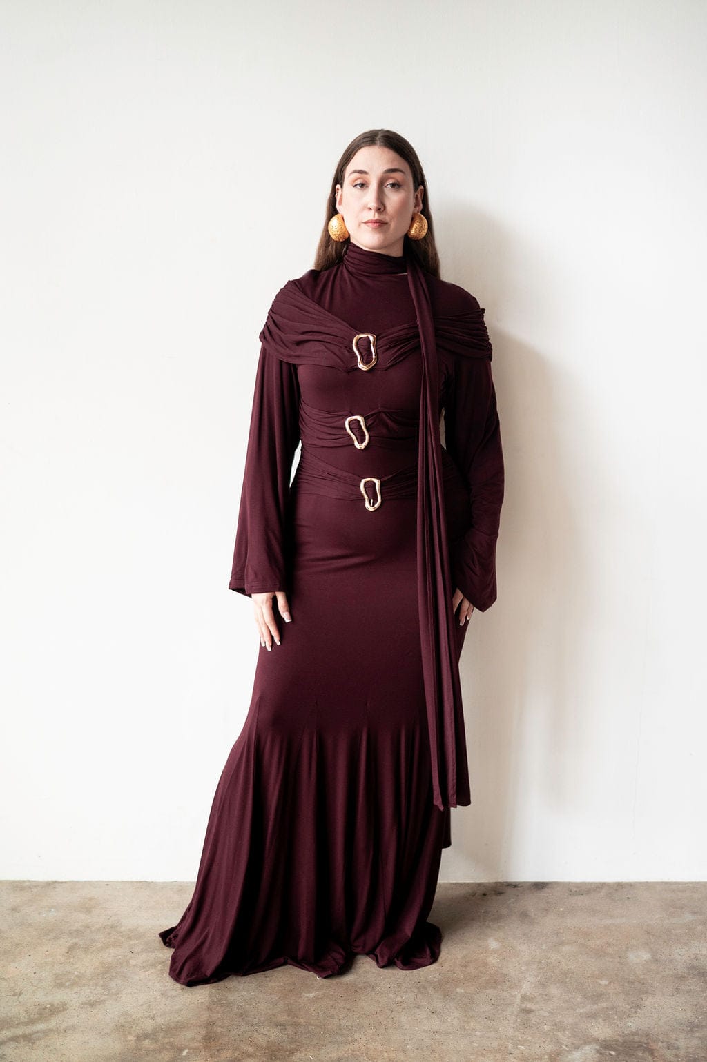 Nur Long Sleeve Flared Maxi Dress with Scarf in Plum 1XL Nur Long Sleeve Flared Maxi Dress with Scarf in Plum 1XL
