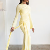 Tala Long Sleeve Asymmetrical Drape Maxi Dress in Butter Yellow