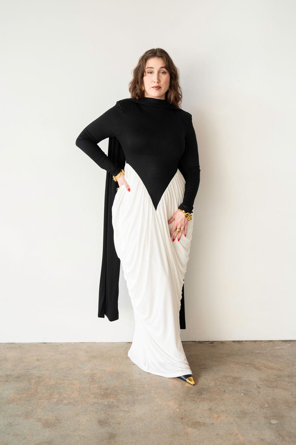 Luvie Long Sleeve Maxi Dress with Scarf in Black and White M Luvie Long Sleeve Maxi Dress with Scarf in Black and White M