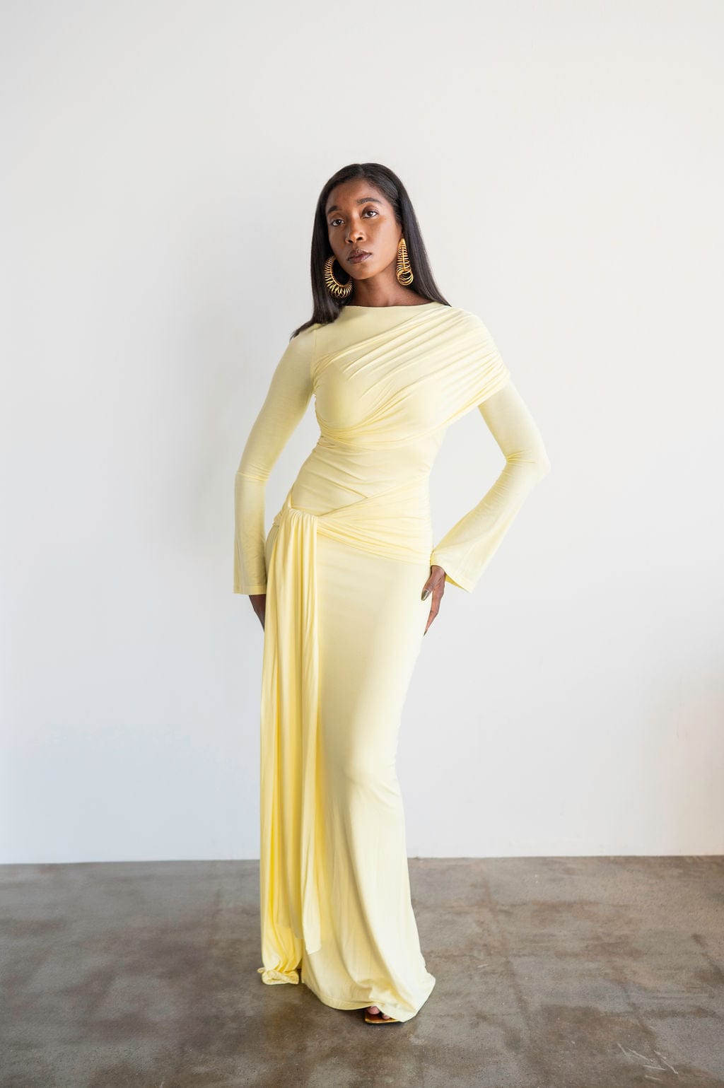 Tala Long Sleeve Asymmetrical Drape Maxi Dress in Butter Yellow S Tala Long Sleeve Asymmetrical Drape Maxi Dress in Butter Yellow S