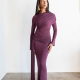 Tala Long Sleeve Asymmetrical Drape Maxi Dress in Plum
