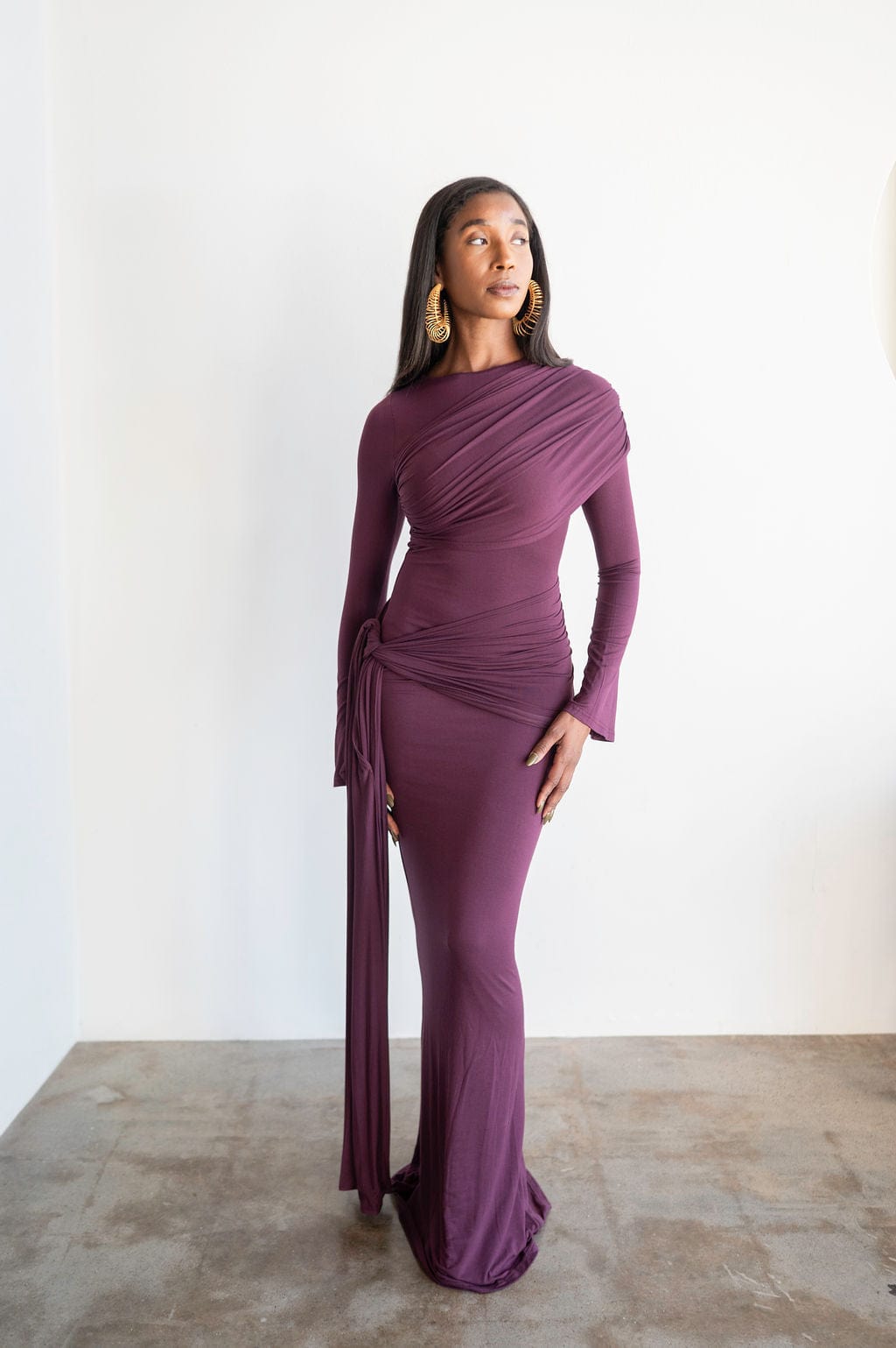 Tala Long Sleeve Asymmetrical Drape Maxi Dress in Plum 2XL Tala Long Sleeve Asymmetrical Drape Maxi Dress in Plum 2XL