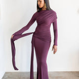 Tala Long Sleeve Asymmetrical Drape Maxi Dress in Plum
