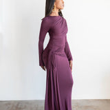 Tala Long Sleeve Asymmetrical Drape Maxi Dress in Plum