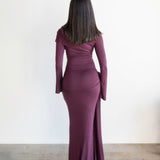Tala Long Sleeve Asymmetrical Drape Maxi Dress in Plum