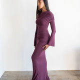 Tala Long Sleeve Asymmetrical Drape Maxi Dress in Plum