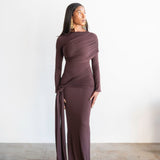 Tala Long Sleeve Asymmetrical Drape Maxi Dress in Mocha Brown