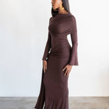 Tala Long Sleeve Asymmetrical Drape Maxi Dress in Mocha Brown