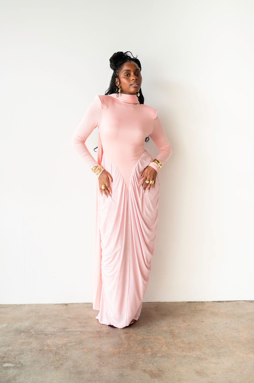Luvie Long Sleeve Maxi Dress with Scarf in Baby Pink XS Luvie Long Sleeve Maxi Dress with Scarf in Baby Pink XS