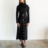 Lai High Waist Asymmetrical Button Skirt in Black with Gold Buttons