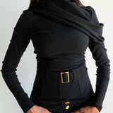 Nia Asymmetrical Shoulder Draped Long Sleeve Top in Black
