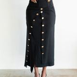 Lai High Waist Asymmetrical Button Skirt in Black with Gold Buttons