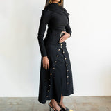 Lai High Waist Asymmetrical Button Skirt in Black with Gold Buttons