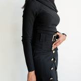 Nia Asymmetrical Shoulder Draped Long Sleeve Top in Black