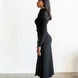 Nia Asymmetrical Shoulder Draped Long Sleeve Top in Black