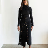 Lai High Waist Asymmetrical Button Skirt in Black with Gold Buttons