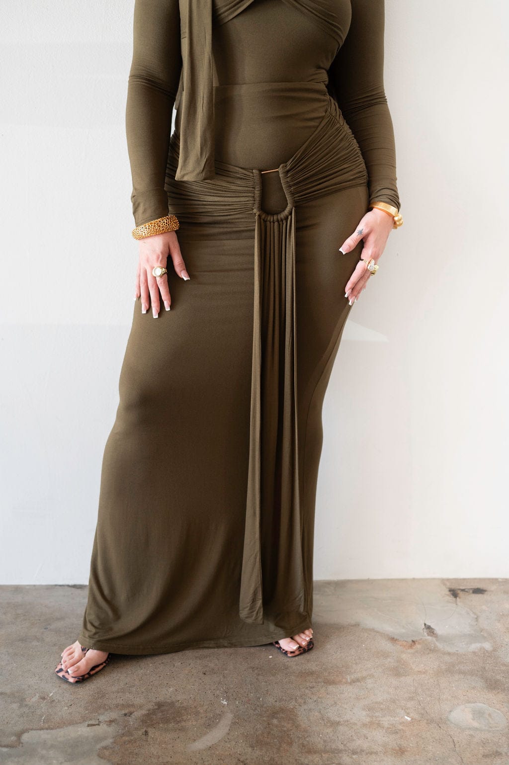 Mila Draped Maxi Skirt in Olive Green L Mila Draped Maxi Skirt in Olive Green L