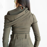 Nia Asymmetrical Shoulder Draped Long Sleeve Top in Olive Green