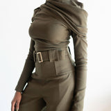 Nia Asymmetrical Shoulder Draped Long Sleeve Top in Olive Green