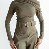 Nia Asymmetrical Shoulder Draped Long Sleeve Top in Olive Green