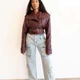 Jade 2-in-1 Convertible Vegan Leather Jacket in Burgundy