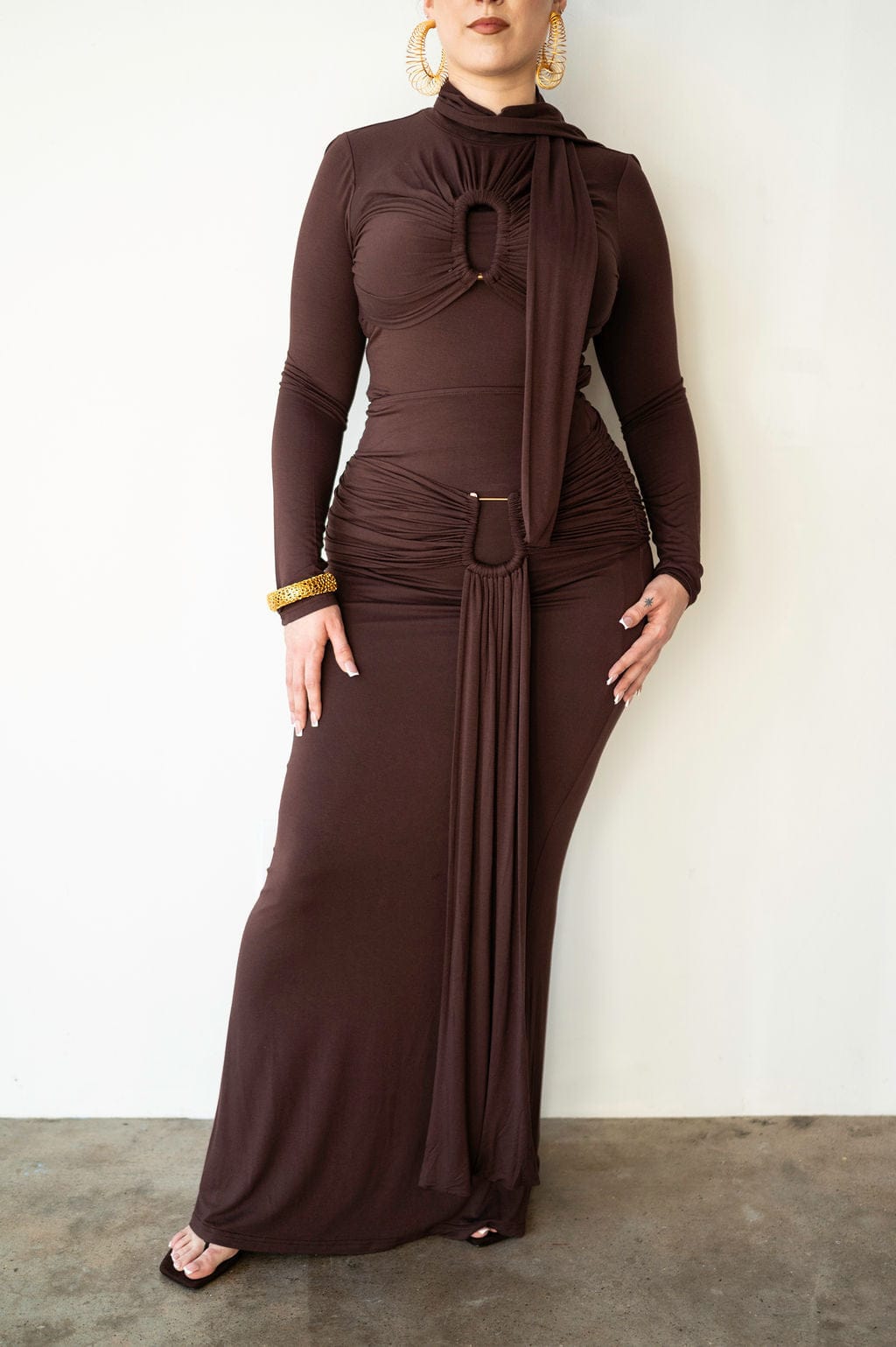 brown draped maxi dress Horizon | Brown High-Neck Maxi Dress With Draped Detailing