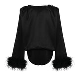 Zaina Feather Sleeve Draped Bodysuit- Black