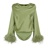 Zaina Feather Sleeve Draped Bodysuit- Sage