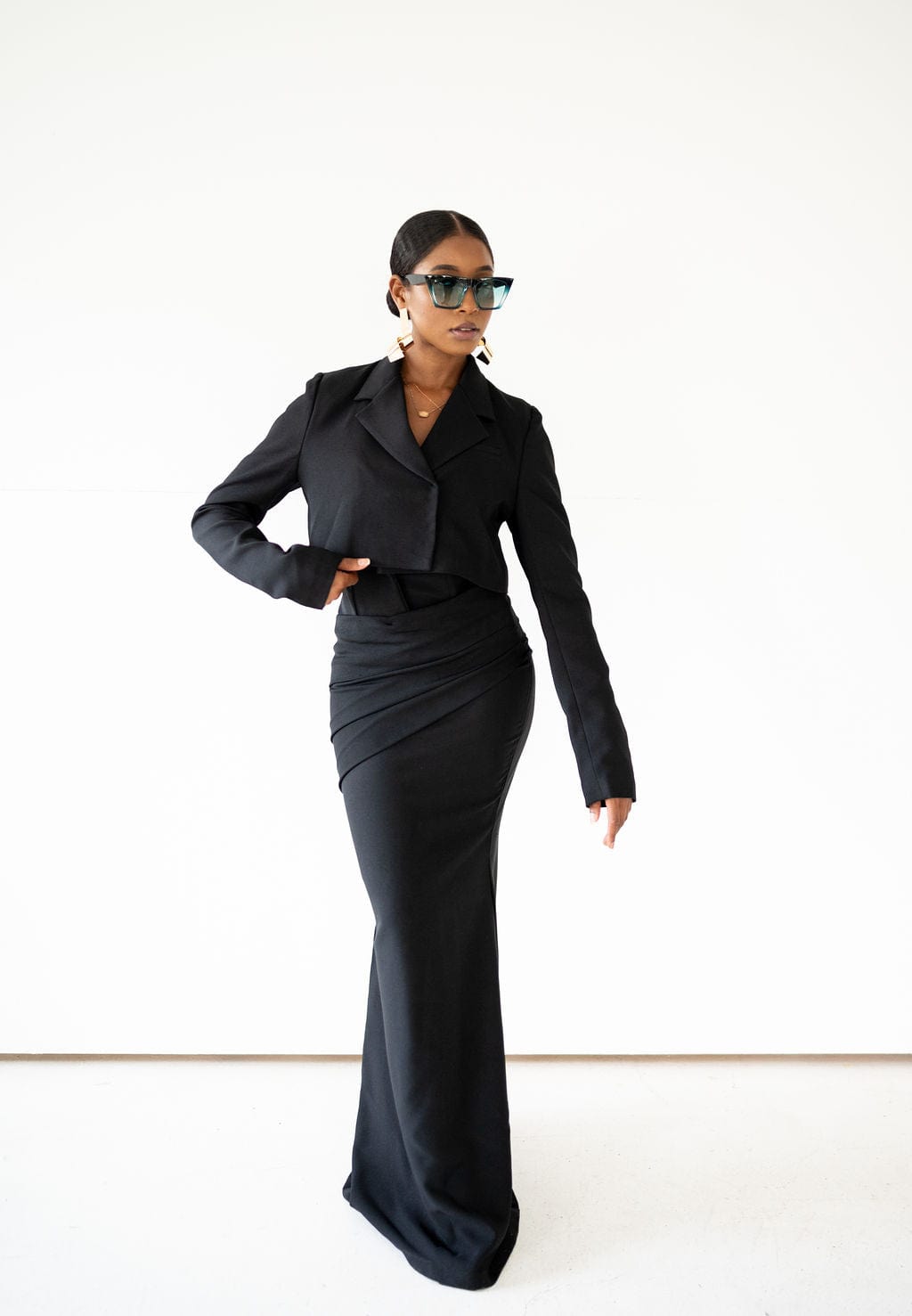 Maida Cropped Blazer and Draped Maxi Skirt Set Black