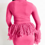 Wura High Neck Long Sleeve Tassel Fringe Knit Top in Pink