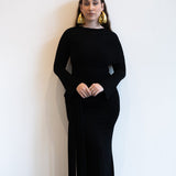 Tala Long Sleeve Asymmetrical Drape Maxi Dress in Black