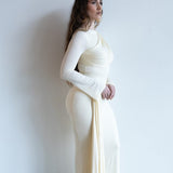 Tala Long Sleeve Asymmetrical Drape Maxi Dress in Ivory
