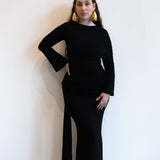 Tala Long Sleeve Asymmetrical Drape Maxi Dress in Black
