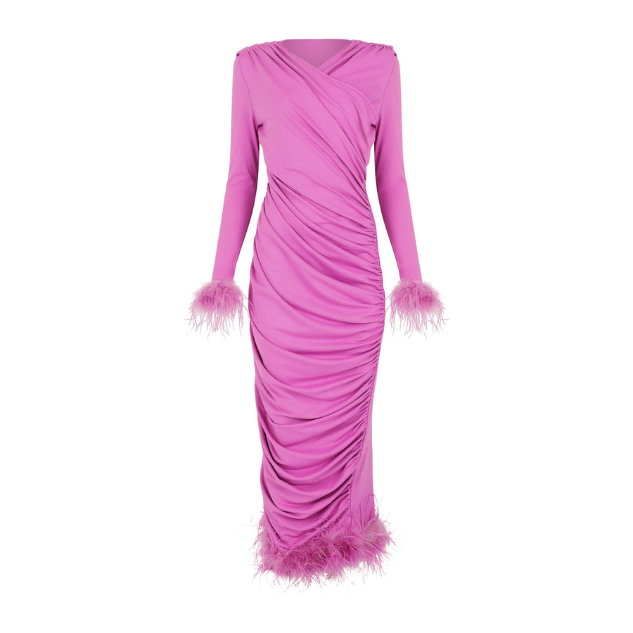 Lola Long Feather Sleeve Draped Maxi Dress