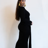 Tala Long Sleeve Asymmetrical Drape Maxi Dress in Black