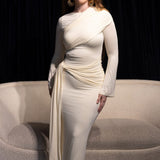 Tala Long Sleeve Asymmetrical Drape Maxi Dress in Ivory