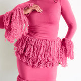 Wura High Neck Long Sleeve Tassel Fringe Knit Top in Pink