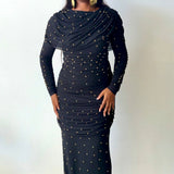 Anu Draped Maxi Skirt in Black with Gold Beads