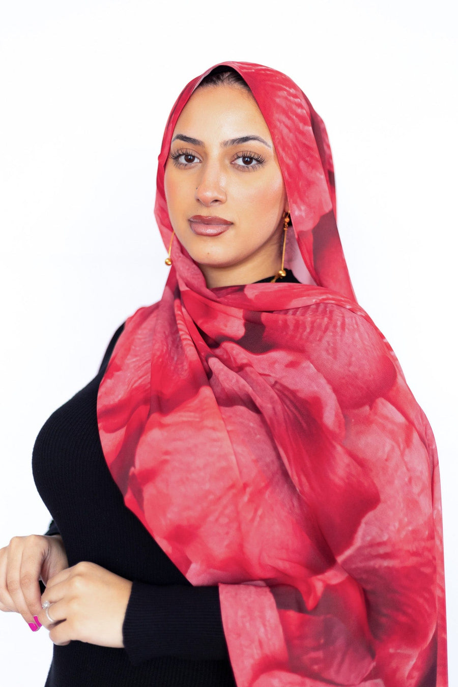 Printed Chiffon Rose Scarf in Red