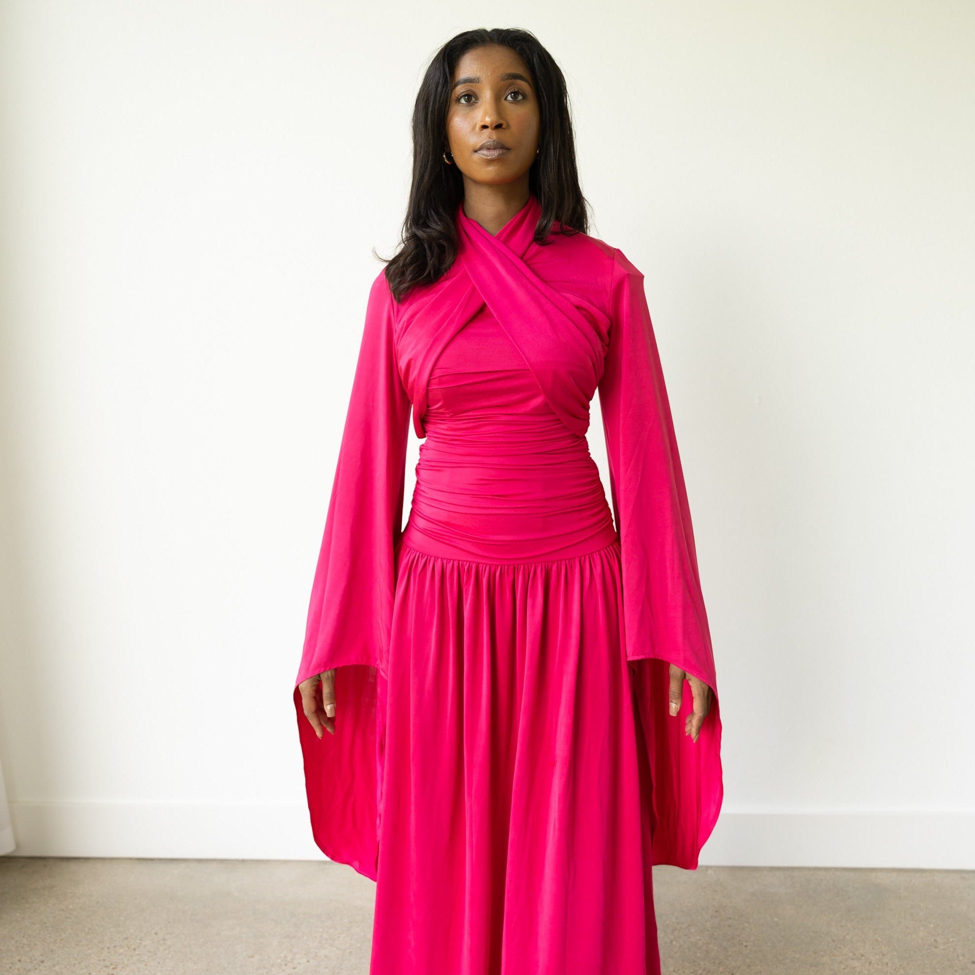 Mide Maxi Dress with Long Flowy Sleeves in Deep Pink 2XL / Deep Pink Mide Maxi Dress with Long Flowy Sleeves in Deep Pink 2XL / Deep Pink