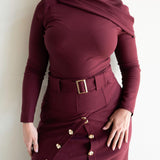 Nia Asymmetrical Shoulder Draped Long Sleeve Top in Maroon