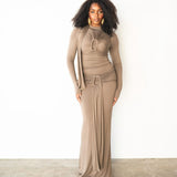 Mila Long Sleeve Top with Neck Ties and Central Draping in Taupe