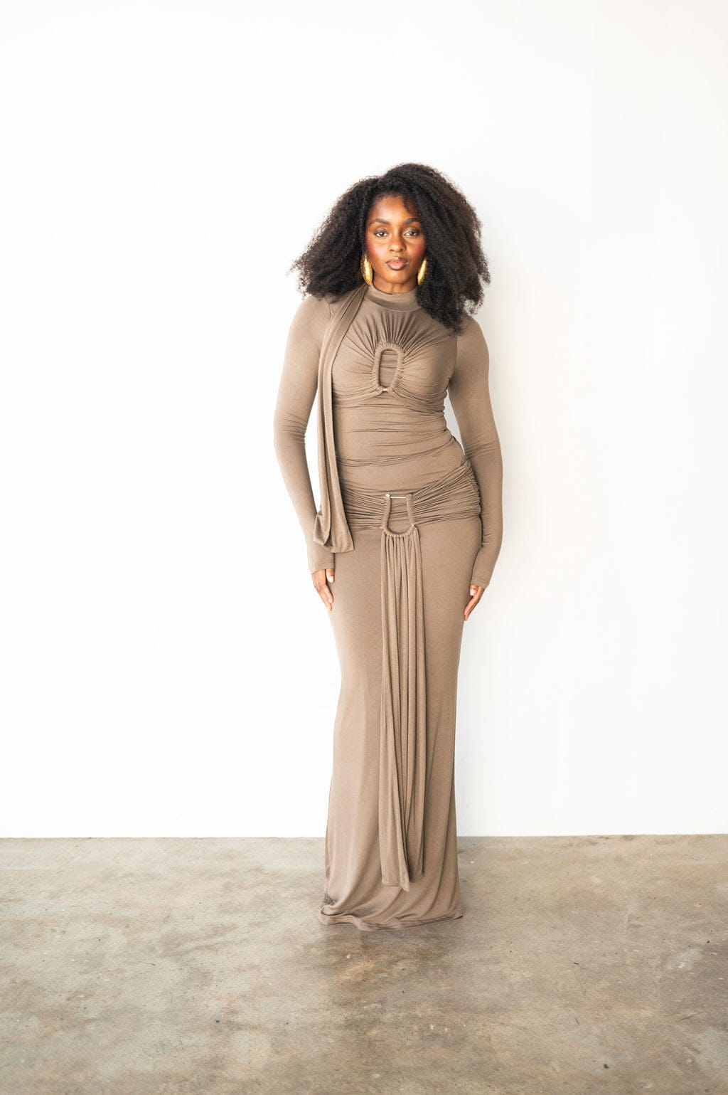 Evening Gown Long Sleeve Taupe Dress Mila Long Sleeve Top With Neck Ties  And Central Draping