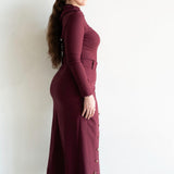 Lai High Waist Asymmetrical Button Skirt in Maroon with Gold Buttons